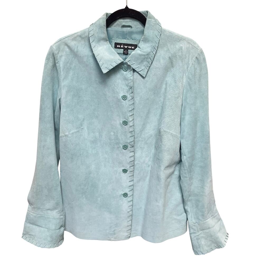 Vintage Revue Genuine Suede Leather Button Up Jacket Light Blue Size 14 AS IS